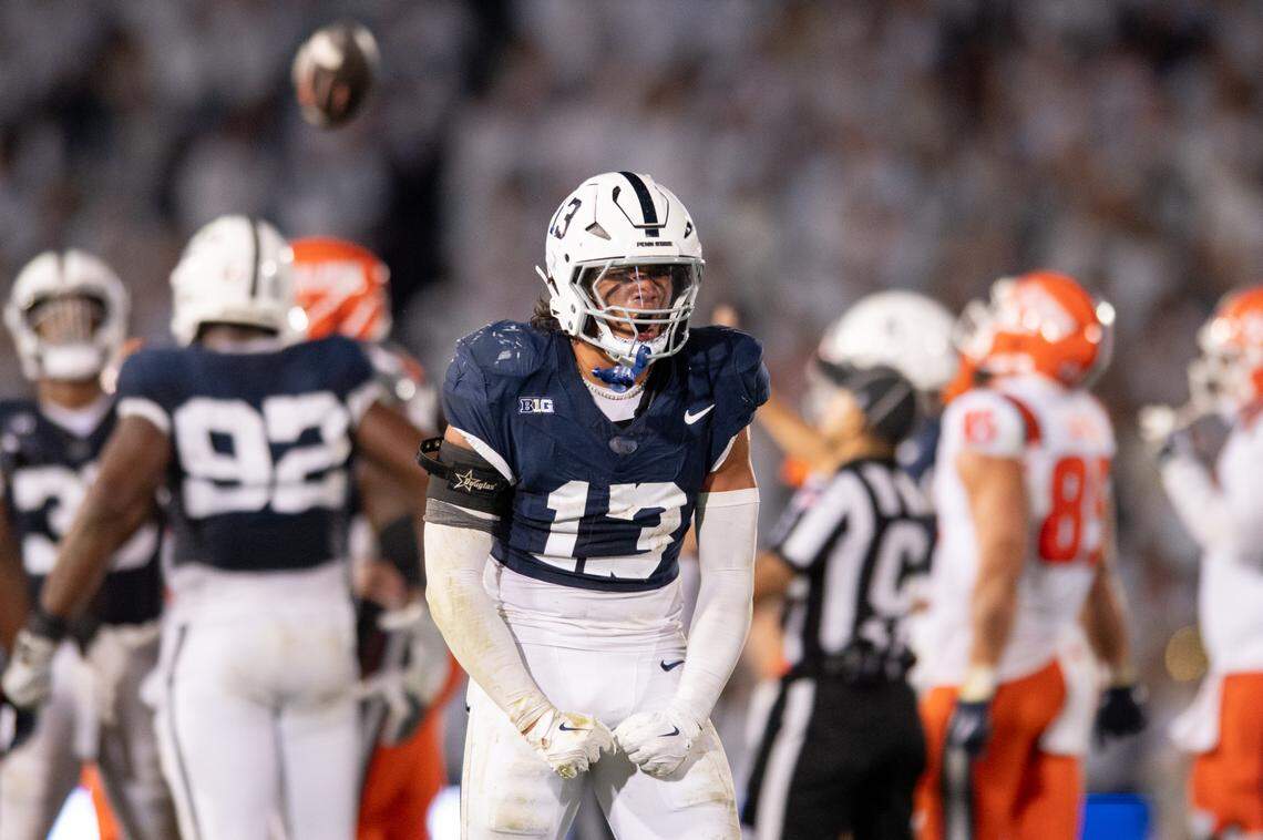 Penn State Nittany Lions linebacker Tony Rojas celebrates making a stop during the football game against Illinois at Beaver Stadium on Saturday, Sept. 28, 2024.