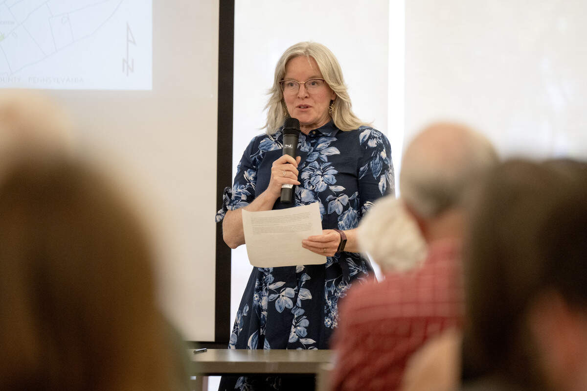 Elizabeth Crisfield from ClearWater Conservancy talks about the future of Rockview state prison land during a community hearing on Wednesday, June 24, 2026 at Schlow Library.
