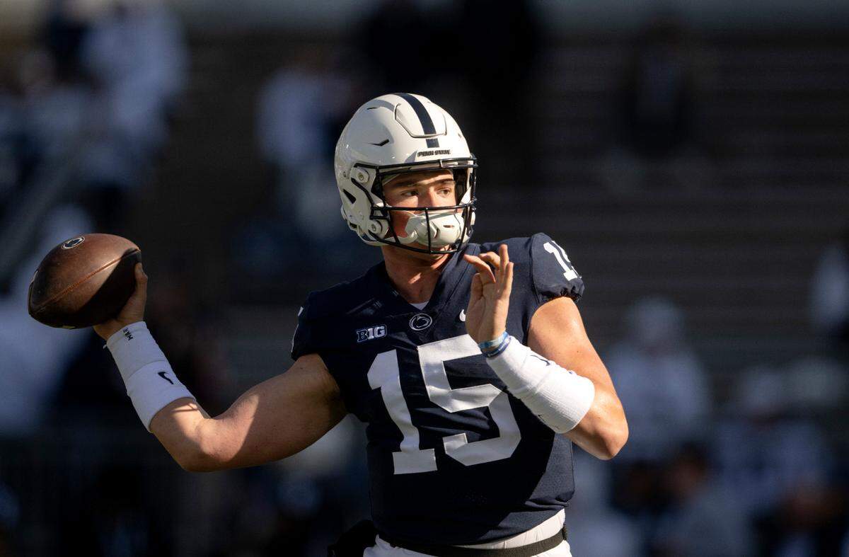 Penn State quarterback Drew Allar warms up before the game against Ohio State Beaver Stadium on Saturday, Oct. 29, 2022.