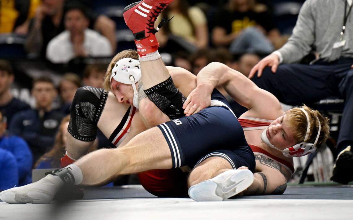 Penn State's Josh Barr controls Nebraska’s Camden McDanel in the 197-pound championship bout at the Big Ten wrestling championships on Sunday, March 8, 2026.