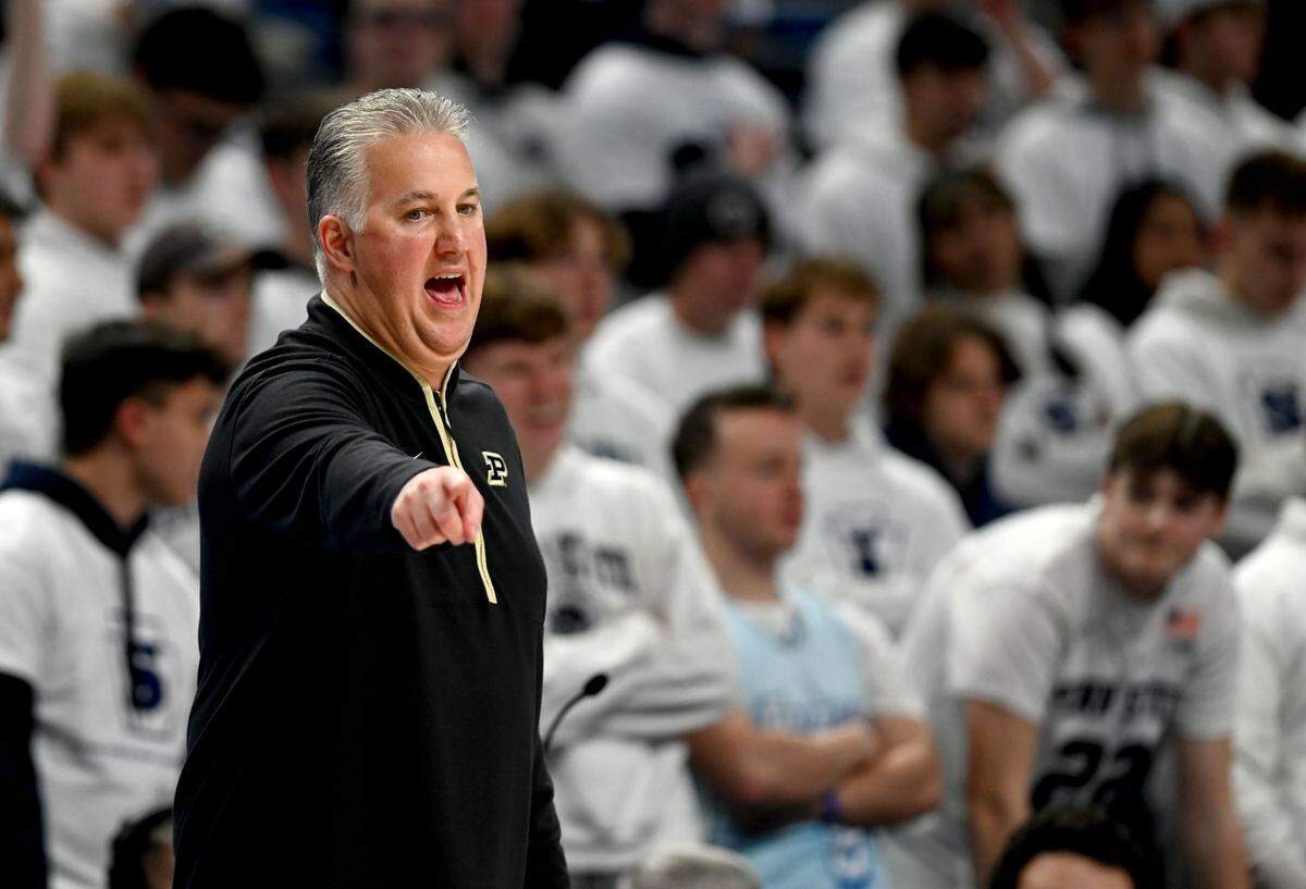Purdue basketball coach Matt Painter yells to his players during the game against Penn State on Thursday, Dec. 5, 2024.
