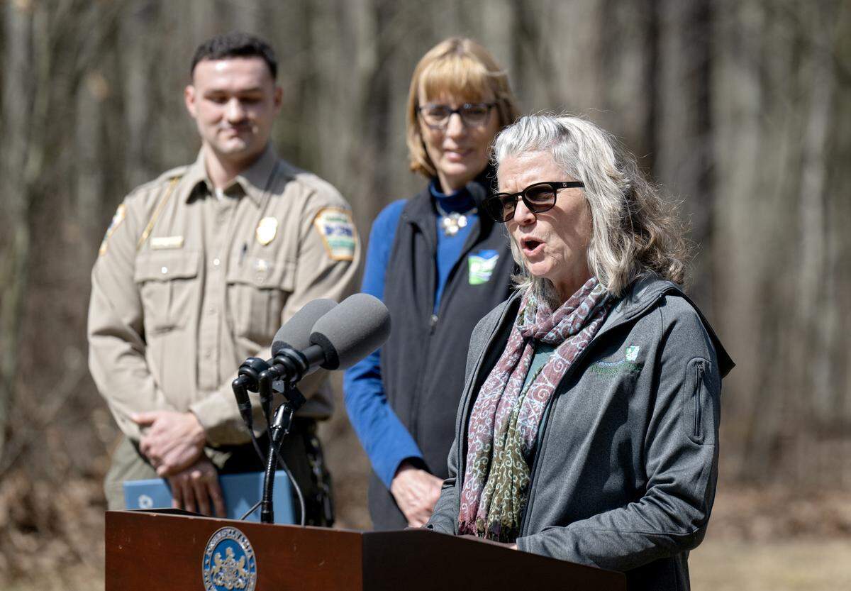 Pennsylvania Parks and Forest Foundation President Marci Mowery speaks about volunteers during a press conference with the Department of Conservation and Natural Resources on Monday, March 30, 2026. DCNR has released a new conservation volunteer system.  