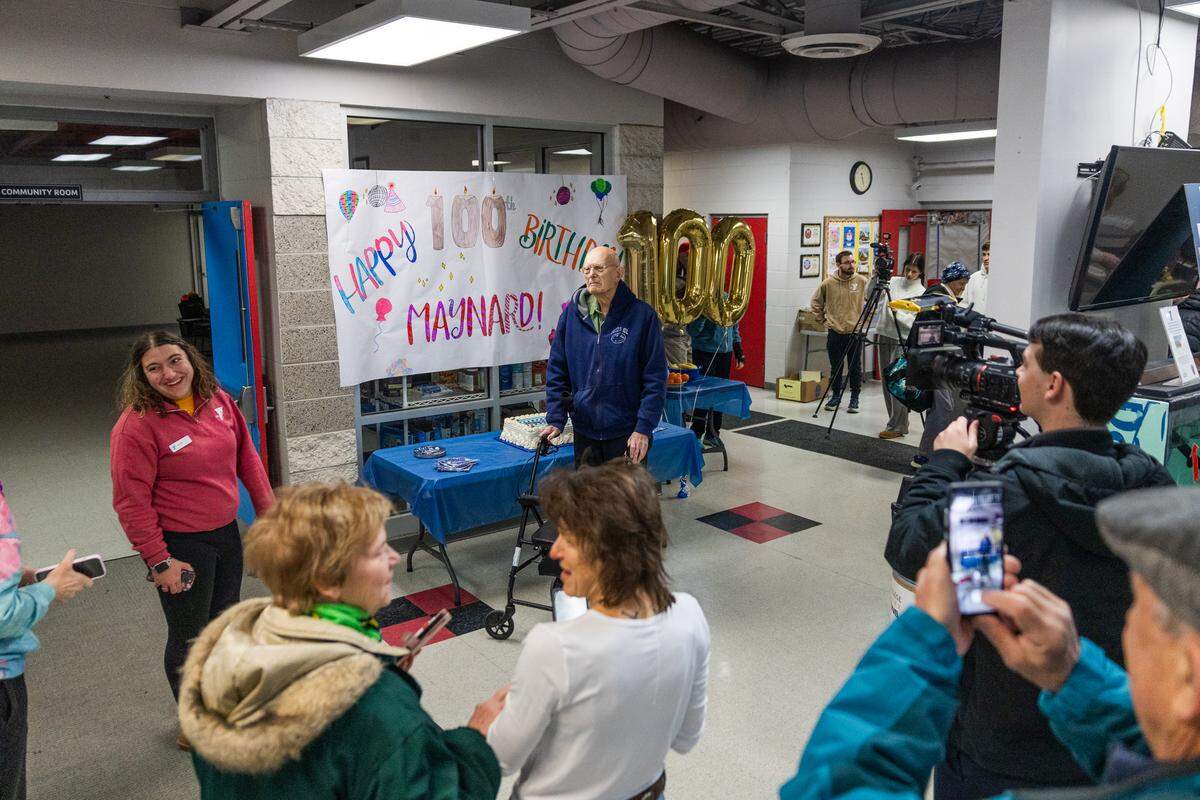 Daily swimmer Maynard Kohler is seen during his 100th birthday party in the State College YMCA on Friday, Jan. 23, 2026 in State College.