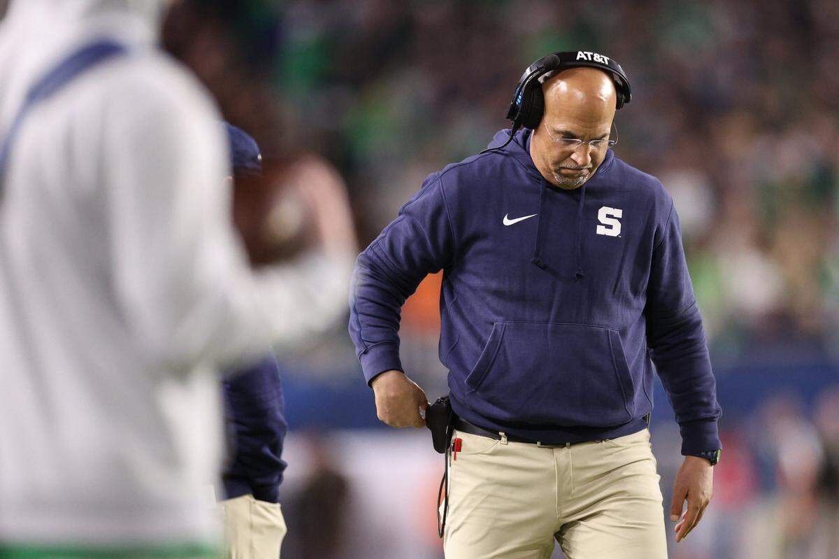 Jan 9, 2025; Miami, FL, USA; Penn State Nittany Lions head coach James Franklin reacts in the second half against the Notre Dame Fighting Irish in the Orange Bowl at Hard Rock Stadium. Mandatory Credit: Nathan Ray Seebeck-Imagn Images