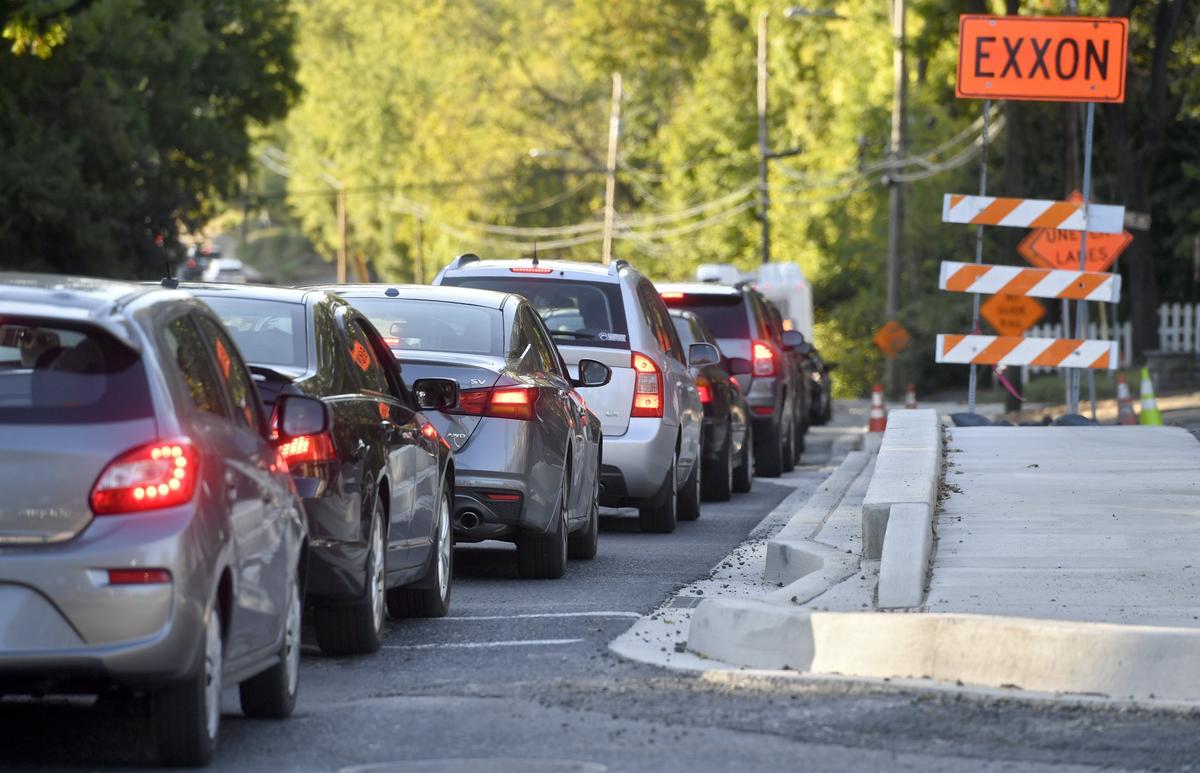 Traffic backs up on North Atherton Street by the Exxon station on Friday, Sept. 27, 2019.