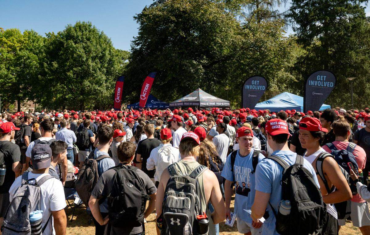 Hundreds of Penn State students gathered on the HUB lawn to see Charlie Kirk on Thursday, Sept. 19, 2024 as part of the “You’re Being Brainwashed Tour.” Kirk handed out Make America Great Again hats, signed autographs and took selfies.