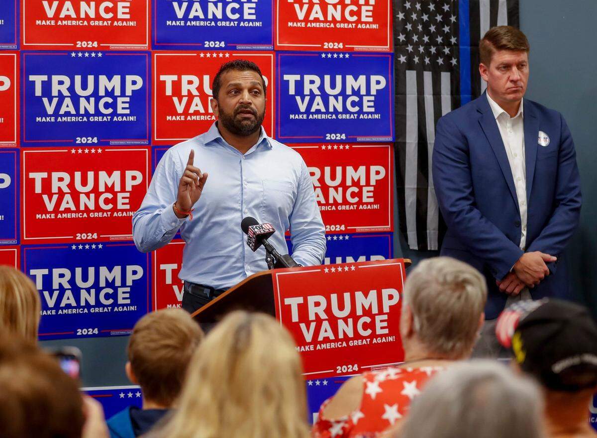 Former chief of staff for the Secretary of Defense Kash Patel speaks during a campaign stop in support of Republican presidential nominee Donald Trump on Tuesday, September 24, 2024, at the Trump Force 47 Headquarters in Green Bay, Wis.