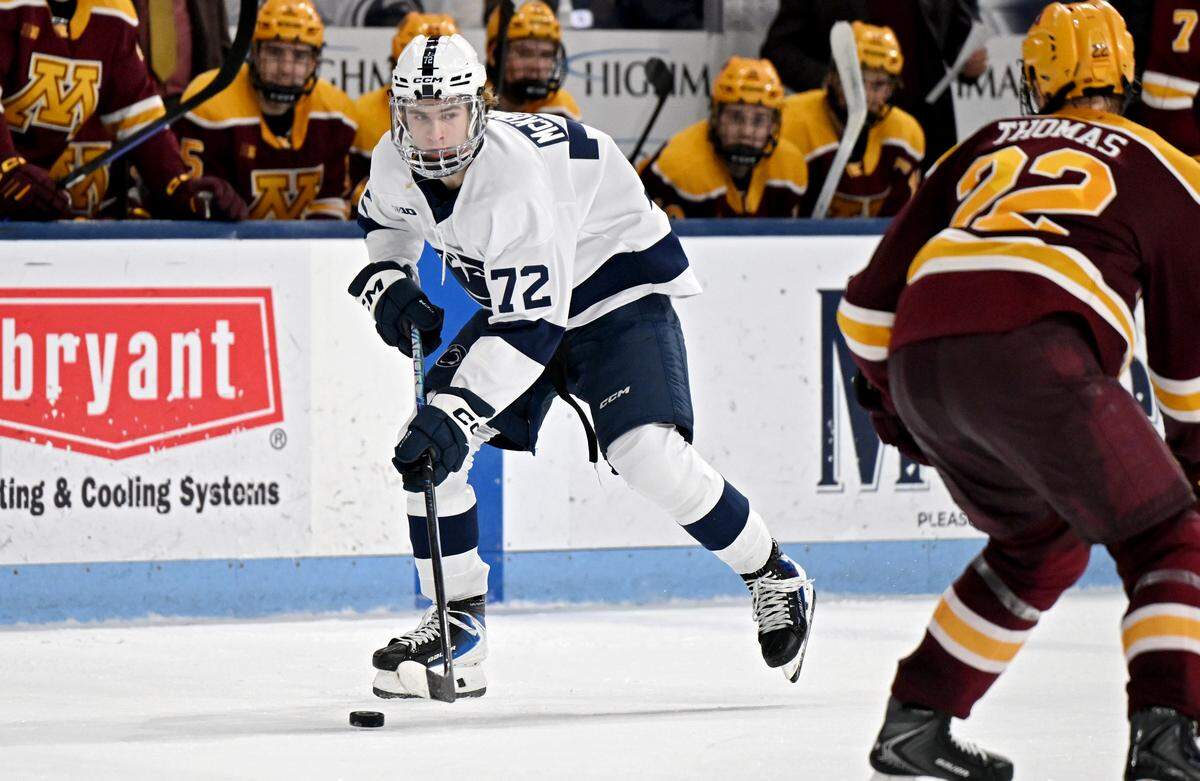 Penn State hockey forward Gavin McKenna skates down the ice with the puck during the game against Minnesota on Friday, Jan. 9, 2026 at Pegula Ice Arena.