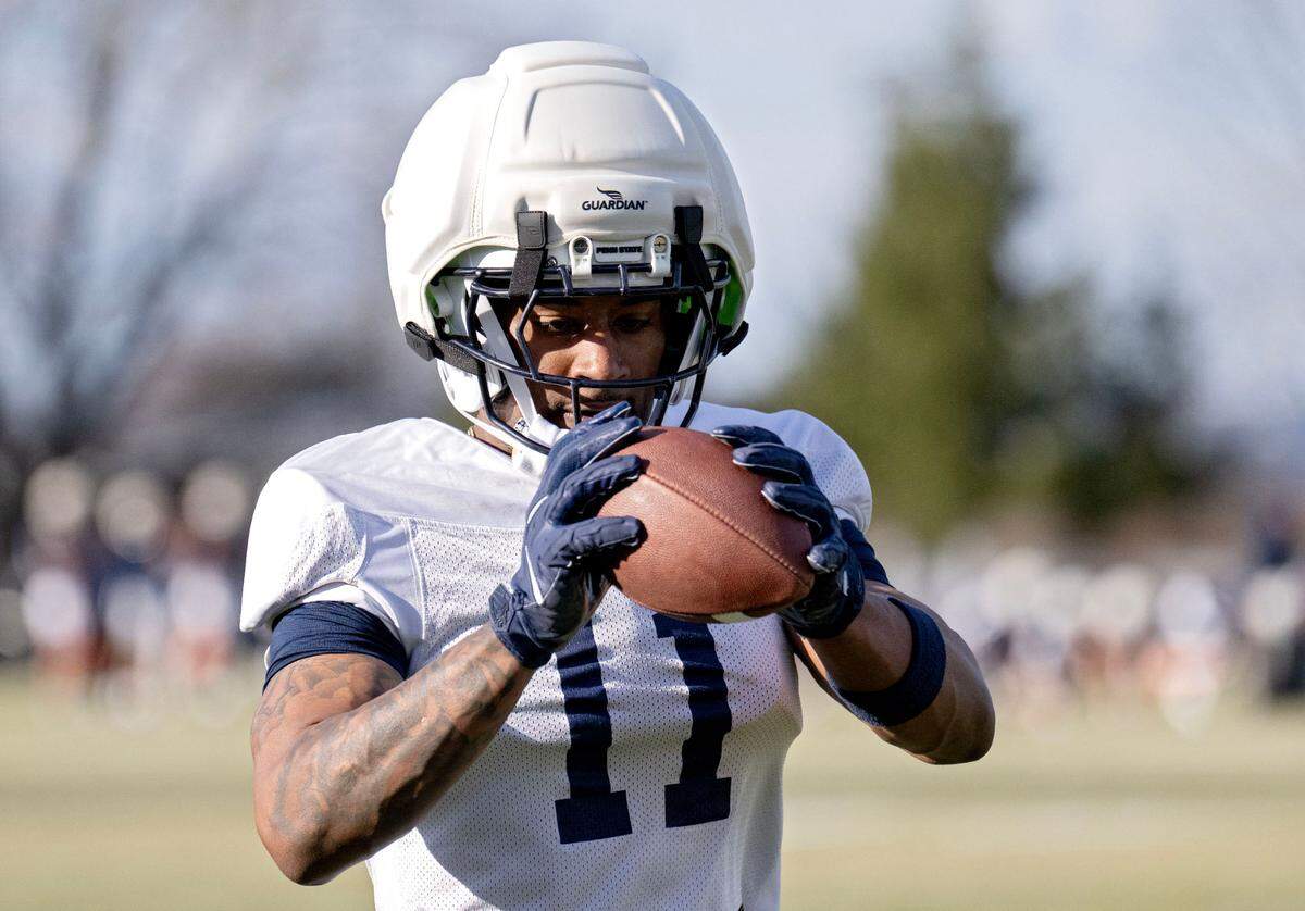 Penn State wide receiver Kyron Hudson makes a catch during spring practice on Tuesday, March 25, 2025.