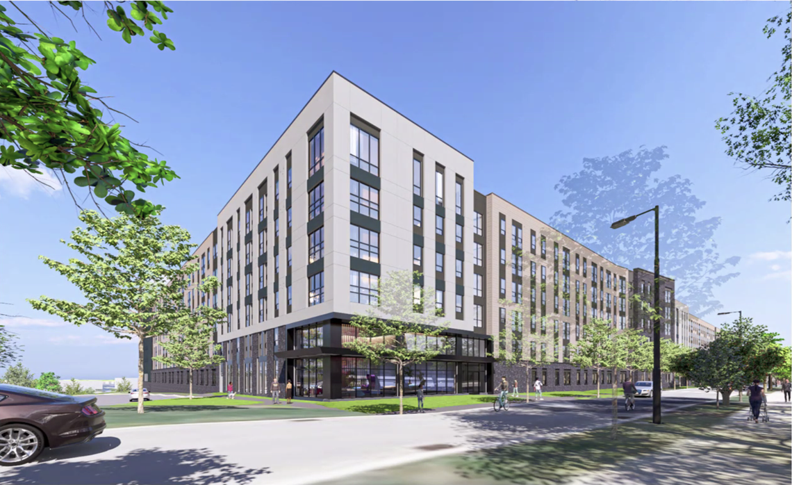 A rending of building one, one of the four residence halls proposed for the southeast corner of Hastings Road and University Drive on the Penn State University Park campus. The project is a public-private partnership between Penn State and Greystar Development East.