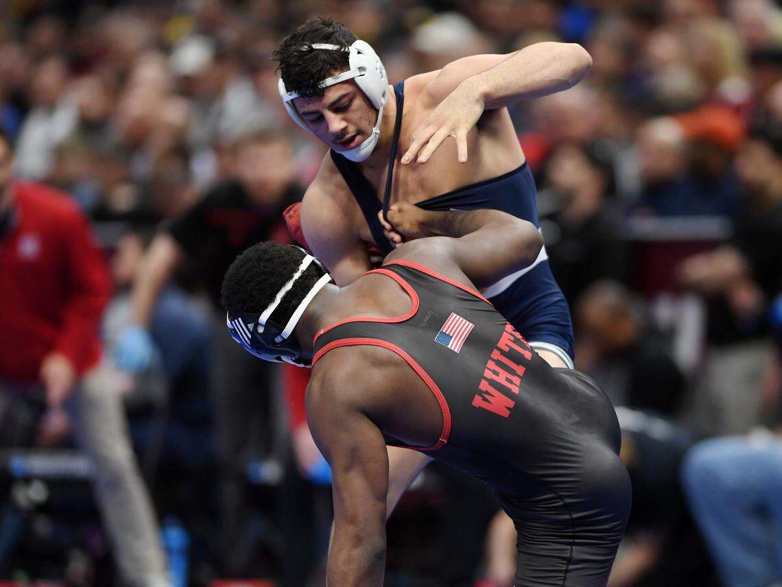 Penn State’s Vincenzo Joseph wrestles Nebraska’s Isaiah White in the 165 pounds quarterfinals during the NCAA Division I Wrestling Championships in March at the Quicken Loans Arena in Cleveland, Ohio.  Joseph won in sudden victory overtime 4-2.