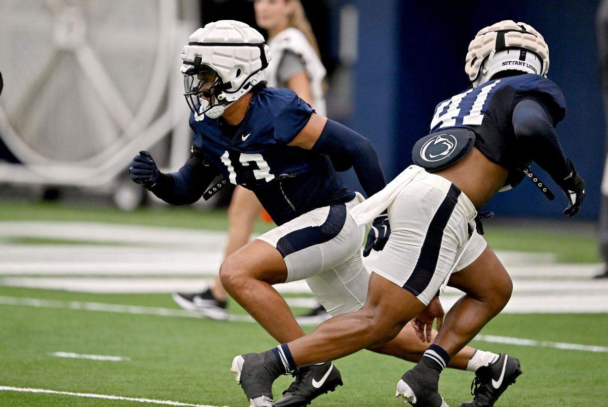 Penn State linebacker Tony Rojas runs a drill during practice on Saturday, Aug. 3, 2024.