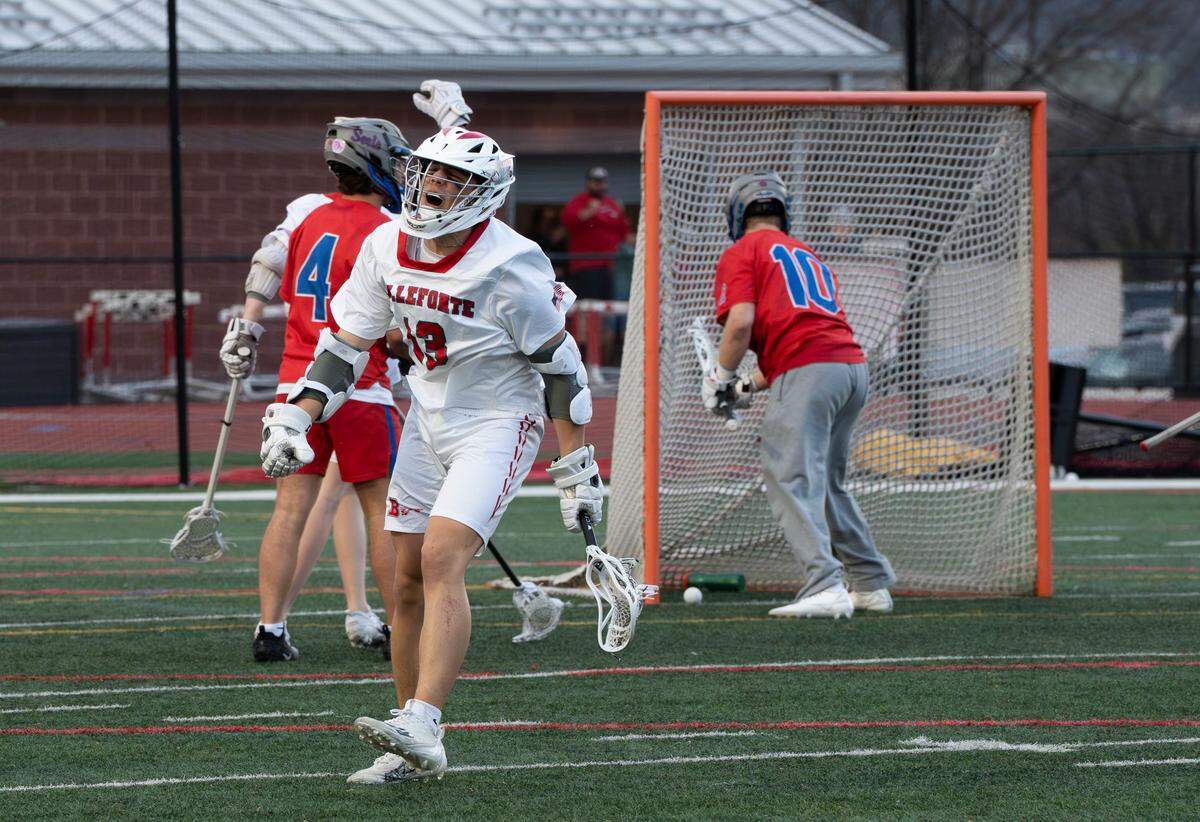 Bellefonte’s Ashten Howell (13) screams in celebration after scoring a goal during a lacrosse game against Selinsgrove in Bellefonte, Pa., on Thursday, March 26, 2026. The game was suspended due to lightning and will resume April 6.