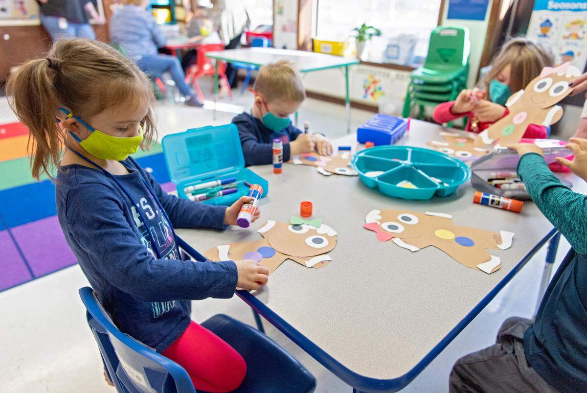 Students in the 4-year-old kangaroo room at Our Lady of Victory Preschool make “ginger friends” on Friday, Dec. 4, 2020. OLV classes have been doing numerous projects to raise kindness.