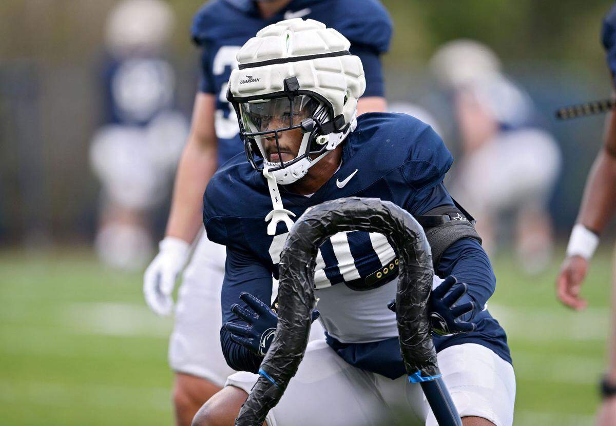 Penn State linebacker Kari Jackson runs a drill during spring practice on Wednesday, April 23, 2025.