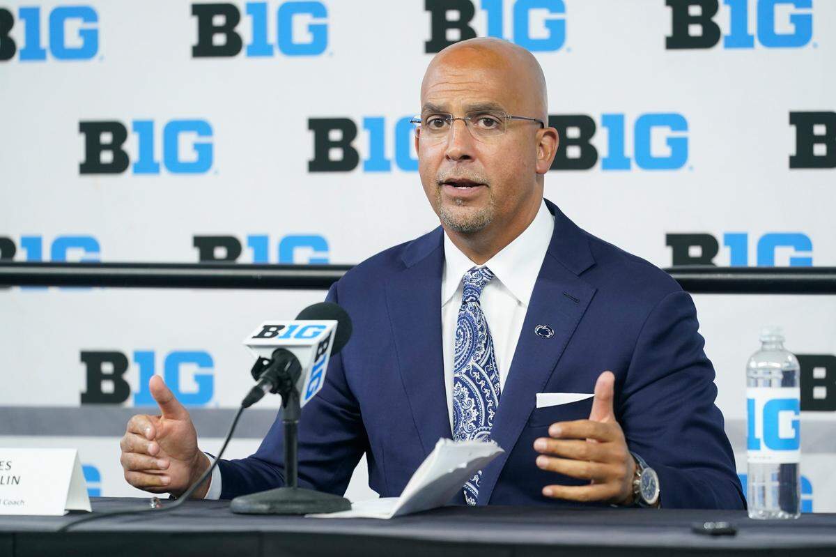 Penn State head coach James Franklin talks to reporters during an NCAA college football news conference at the Big Ten Conference media days, at Lucas Oil Stadium, Wednesday, July 27, 2022, in Indianapolis.
