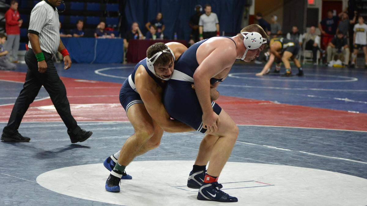 Penn State’s Anthony Cassar, back, made his debut in the Intermat rankings at 285 pounds at No. 5. Cassar beat Nick Nevills, who was No. 2, and Drexel’s Joey Goodhart, who was No. 14, in the Keystone Classic.