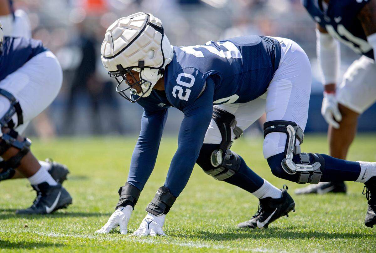 Penn State defensive end Adisa Isaac lines up during the Blue-White game on Saturday, April 23, 2022.