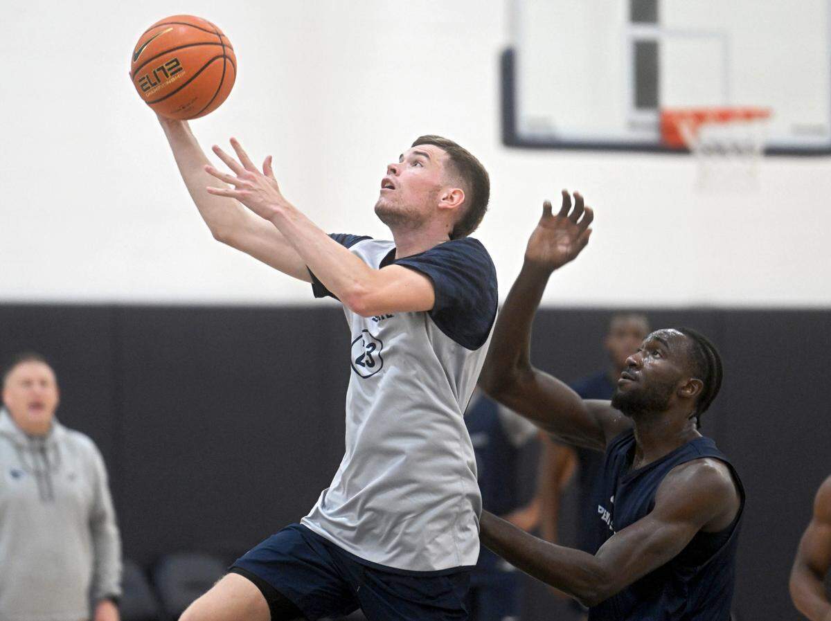 Penn State’s Bragi Gudmundsson goes in for a basket during a men’s basketball summer workout on Tuesday, July 11, 2023.