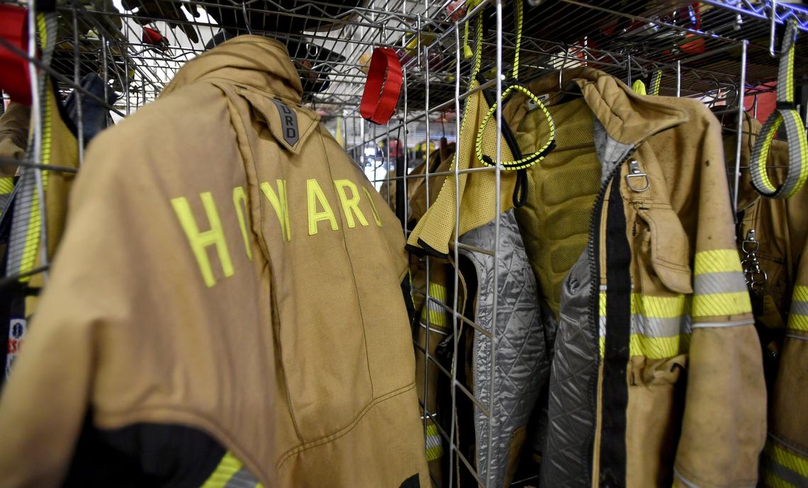 Fire gear hangs at Howard Fire Department.