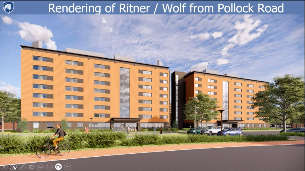 A rendering of what the Ritner and Wolf buildings at Pollock Halls will look like from Pollock Road after renovations.