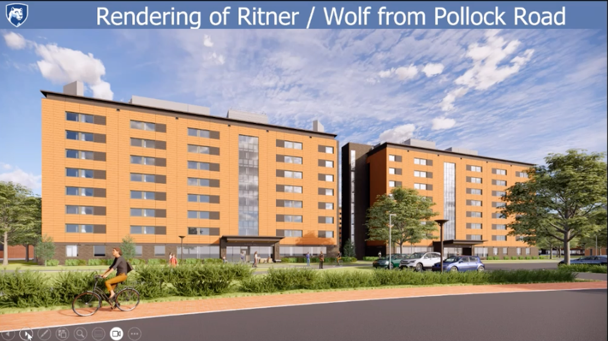 A rendering of what the Ritner and Wolf buildings at Pollock Halls will look like from Pollock Road after renovations.
