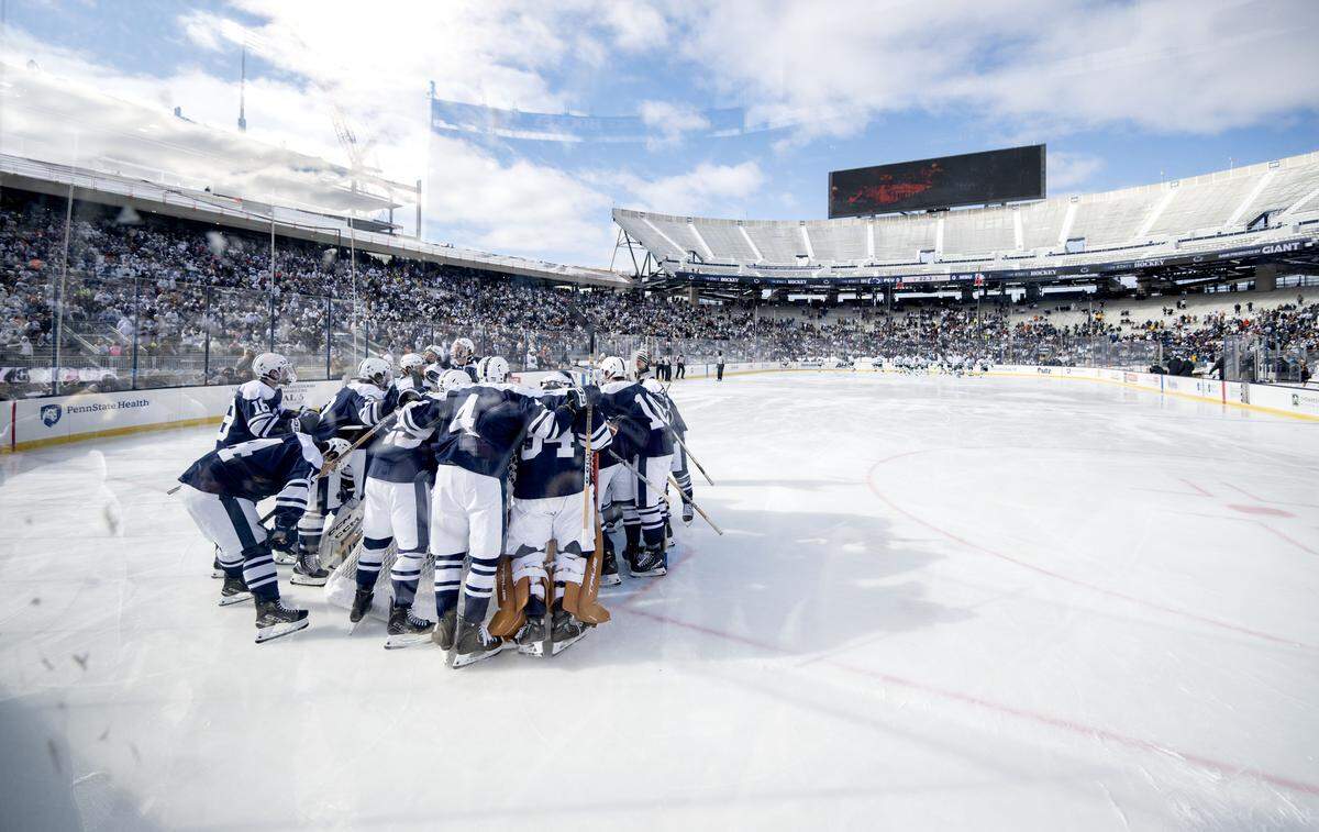 Penn State men’s hockey huddles around the net before the game against Michigan State at Beaver Stadium on Saturday, Jan. 31, 2026.
