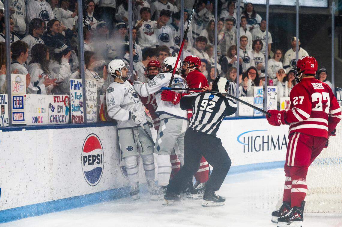 Players from both teams clash during Penn State men’s hockey game against Wisconsin in University Park on Friday, March 6, 2026. 