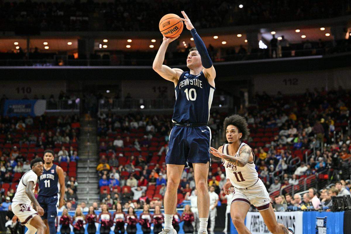 Penn State Nittany Lions guard Andrew Funk (10) shoots the ball against the Texas A&M Aggies during the first half of Thursday’s game at Wells Fargo Arena.
