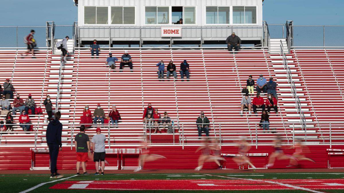 Runners compete in the 100 meter dash during a track meet at Bellefonte High School on Tuesday, March 30, 2021 in Bellefonte.