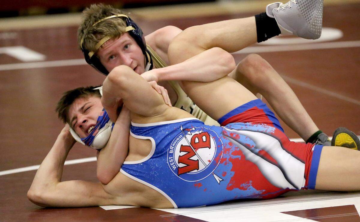 Bald Eagle AreaÕs Lucas Fye controls West BranchÕs Landon Bainey in the 106 lb championship bout at the District 6 AA wrestling on Saturday, Feb. 20, 2021.