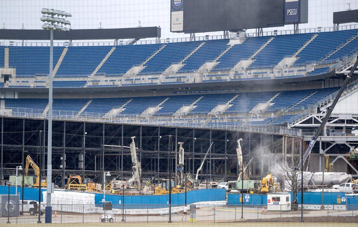 Construction crews work on the west side of Beaver Stadium on Tuesday, Feb. 25, 2025.