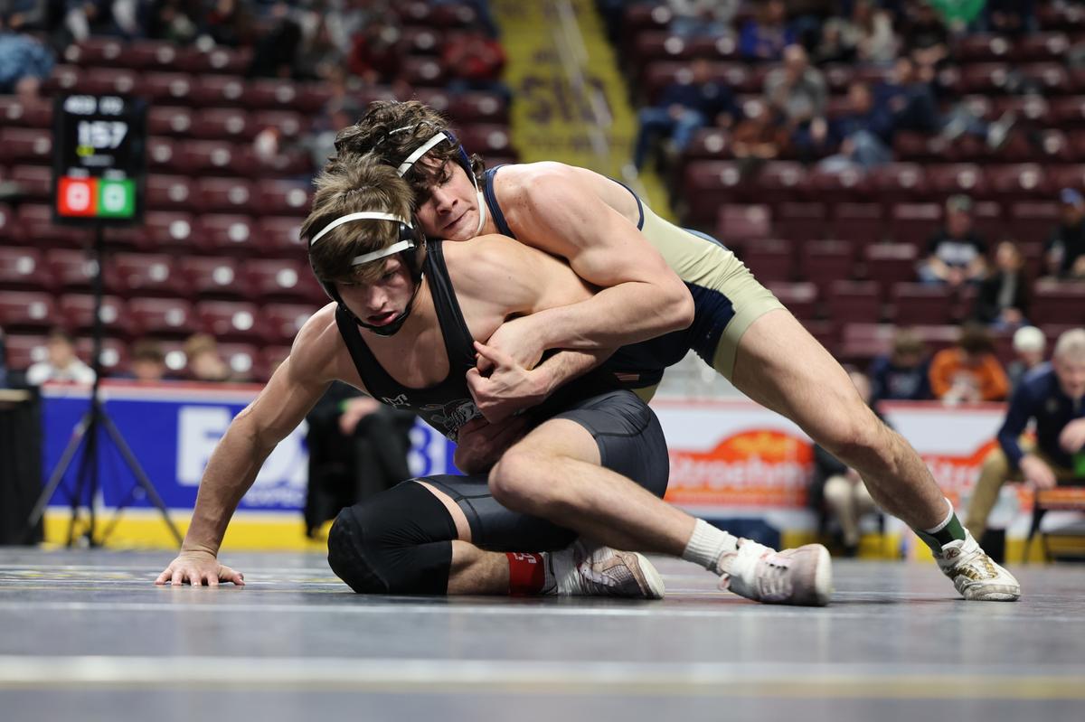 Bald Eagle Area’s Caleb Close controls Montgomery’s Caden Finck in their 172-pound consolation quarterfinals match of the PIAA Class 2A Championships on Friday, March 10, 2023 at the Giant Center in Hershey. Finck topped Close, 3-1, in sudden victory.