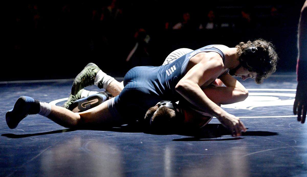 Penns Valley’s Tripp Watson controls Bellefonte’s Jacob Horn in the 133 lb bout of the wrestling match on Thursday, Jan. 16, 2025. Watson won by fall at 1:50.