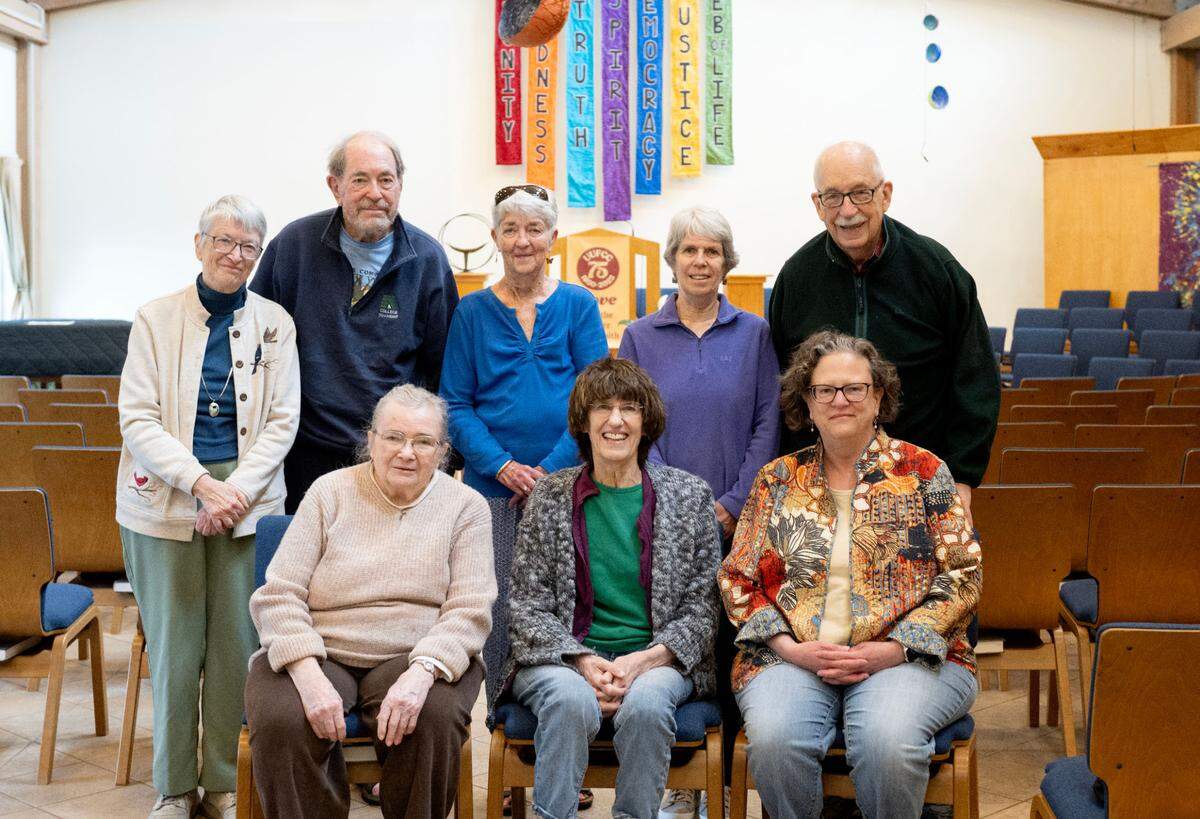 Some longtime members of the Unitarian Universalist Fellowship of Centre County including Carol Pollard, Ron and Sue Smith, Helen Dempsey, Arthur Goldschmidt, Louise Goldschmidt, Wendy Snetsinger and Gretchen Kuldau on Friday, May 2, 2025.