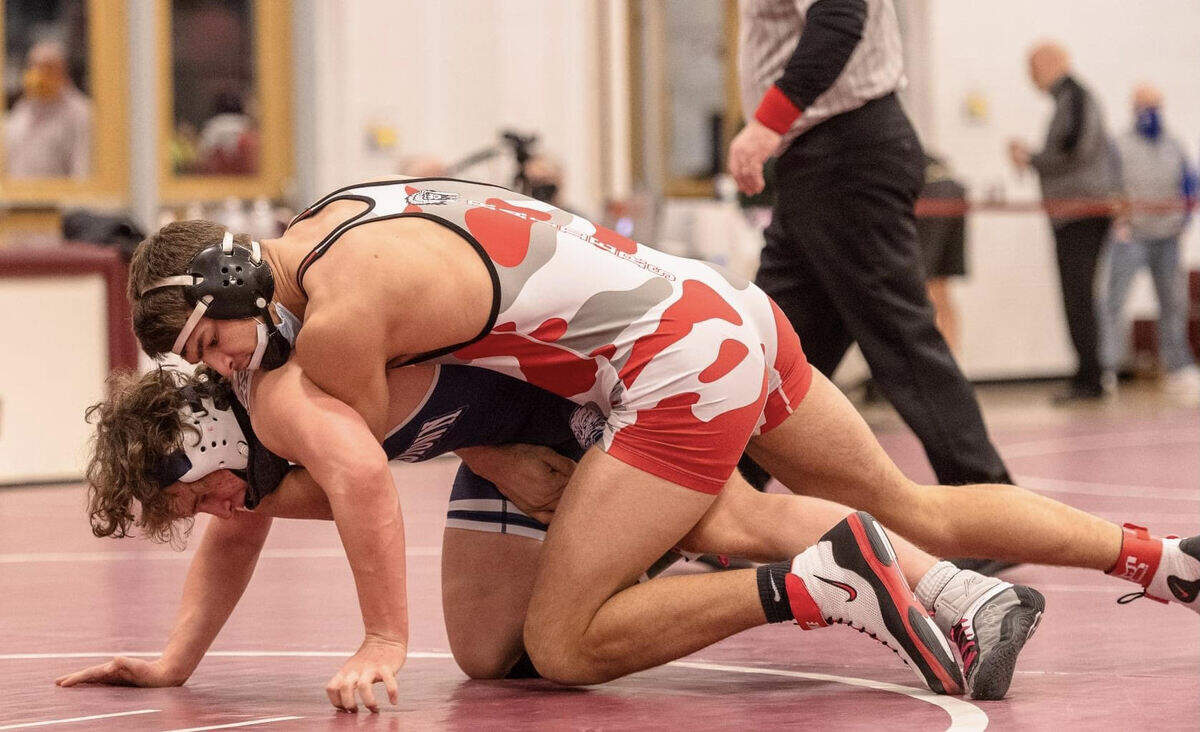 Bellefonte’s Ethan Rossman controls Dallastown’s Brooks Gable in the 189-pound finals of the PIAA Western Super Regional on March 6, 2021 in Altoona. Rossman topped Gable 1-0 to claim the title.