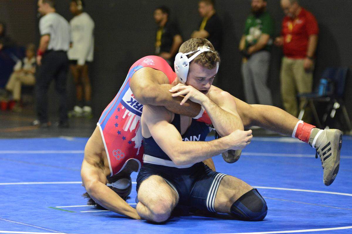 Penn State’s Brady Berge scrambles with Rider’s Frankie Gissendanner during the first round of the 149-pound weight class of the Southern Scuffle on Tuesday in Chattanooga, Tenn. Berge beat Gissendanner 12-4.
