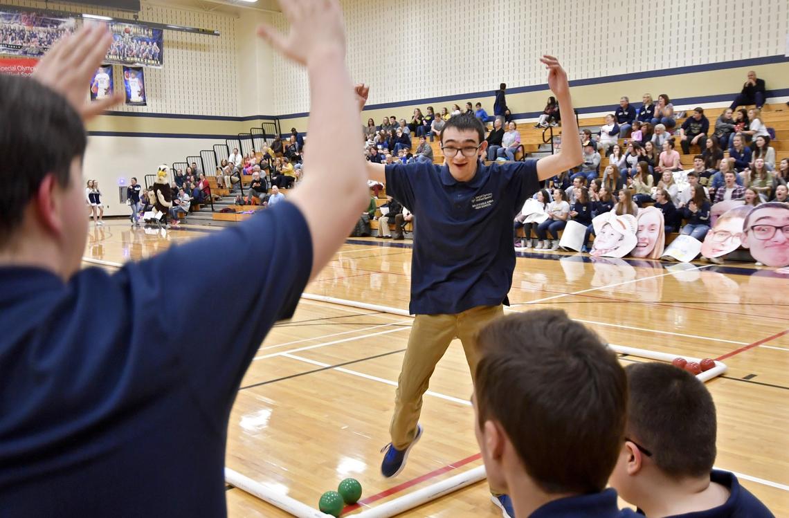 Bald Eagle Area’s Jack Nesmith celebrates his roll during the unified bocce match against State College on Thursday.