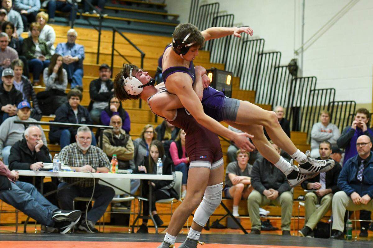 State College’s Clayton Leidy looks to return Mifflin County’s Ethan Kauffman to the mat in their 145-pound bout during the Little Lions’ 25-24 win in the District 6 Class 3A Championships on Saturday, Feb. 1, 2020. Leidy edged Kauffman 2-1.