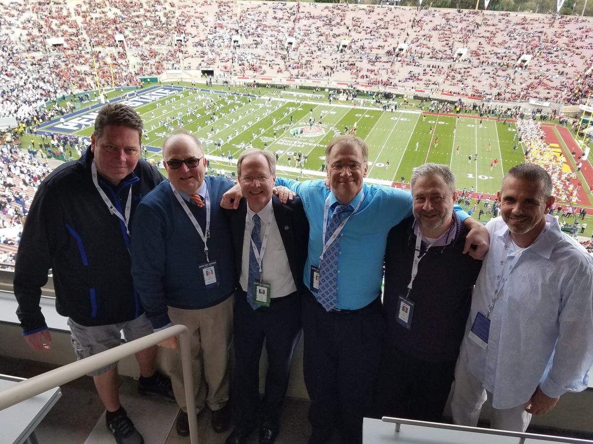 From left: Mark Brennan, Rich Scarcella, Jeff Nelson, Dave Jones, Neil Rudel and Frank Bodani at the 2017 Rose Bowl.