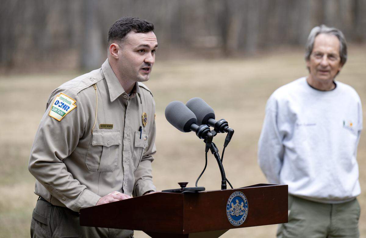 Black Moshannon State Park manager Mathias Weinzen thanks volunteers during a press conference with the Department of Conservation and Natural Resources on Monday, March 30, 2026.  DCNR has released a new conservation volunteer system.  