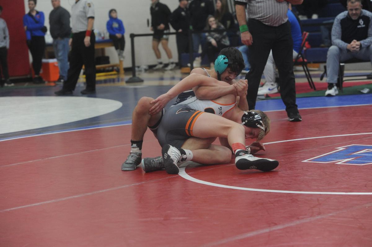 Philipsburg-Osecola’s Marcus Gable controls Central York’s Carter Davis in their 152-pound consolation finals of the Ultimate Warrior Tournament on Saturday, January 28, 2023. Gable edged Davis, 5-3.