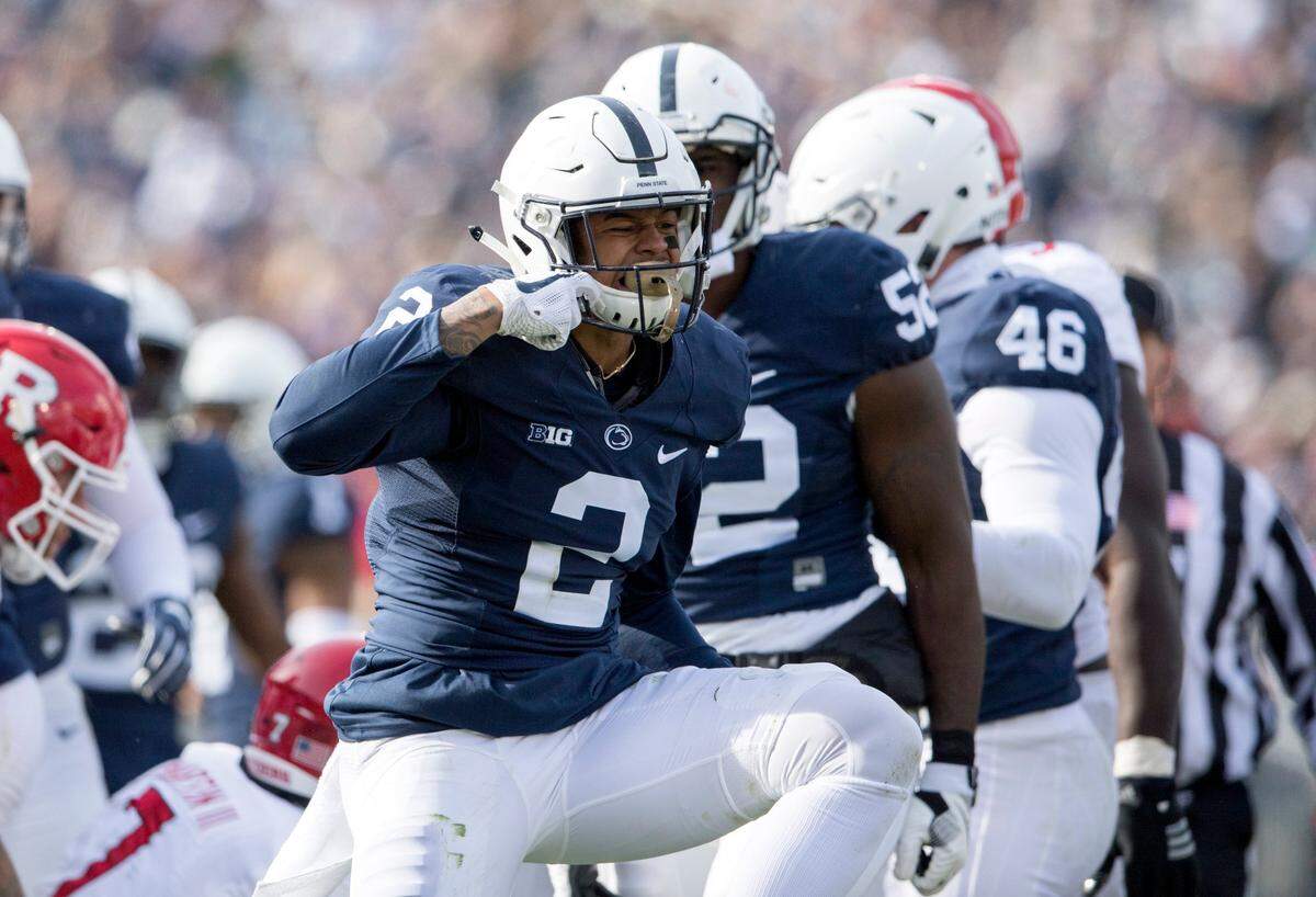 Penn State safety Marcus Allen celebrates a tackle during the Saturday, November 11, 2017 game against Rutgers at Beaver Stadium.