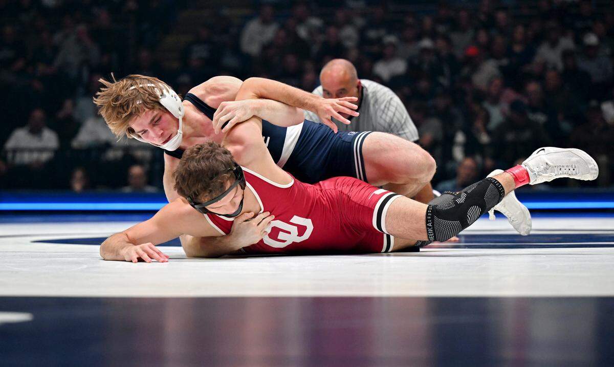 Penn State’s Joe Sealey controls Oklahoma’s Ladyn Sommer in the 157 lb bout during the match on Friday, Nov. 14, 2025 at the Bryce Jordan Center.