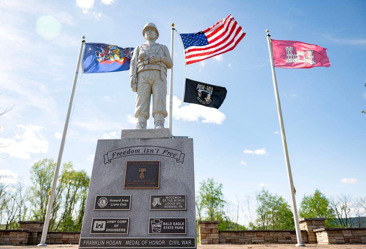 The Foster Joseph Sayers Memorial next to the dam features a statue of a soldier flanked by a Pennsylvania flag, an American flag, the POW/MIA flag and the Army Corps. of Engineers flag. A plaque honors Sayers for receiving the Medal of Honor, a Silver Star and a Purple Heart.