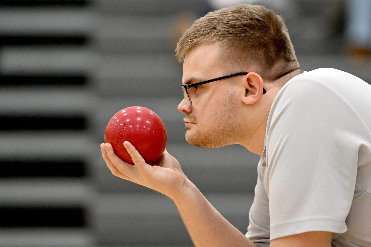 Philipsburg-Osceola’s Connor concentrates before making his roll during the unified bocce match against Penns Valley on Thursday, Jan. 30, 2025.