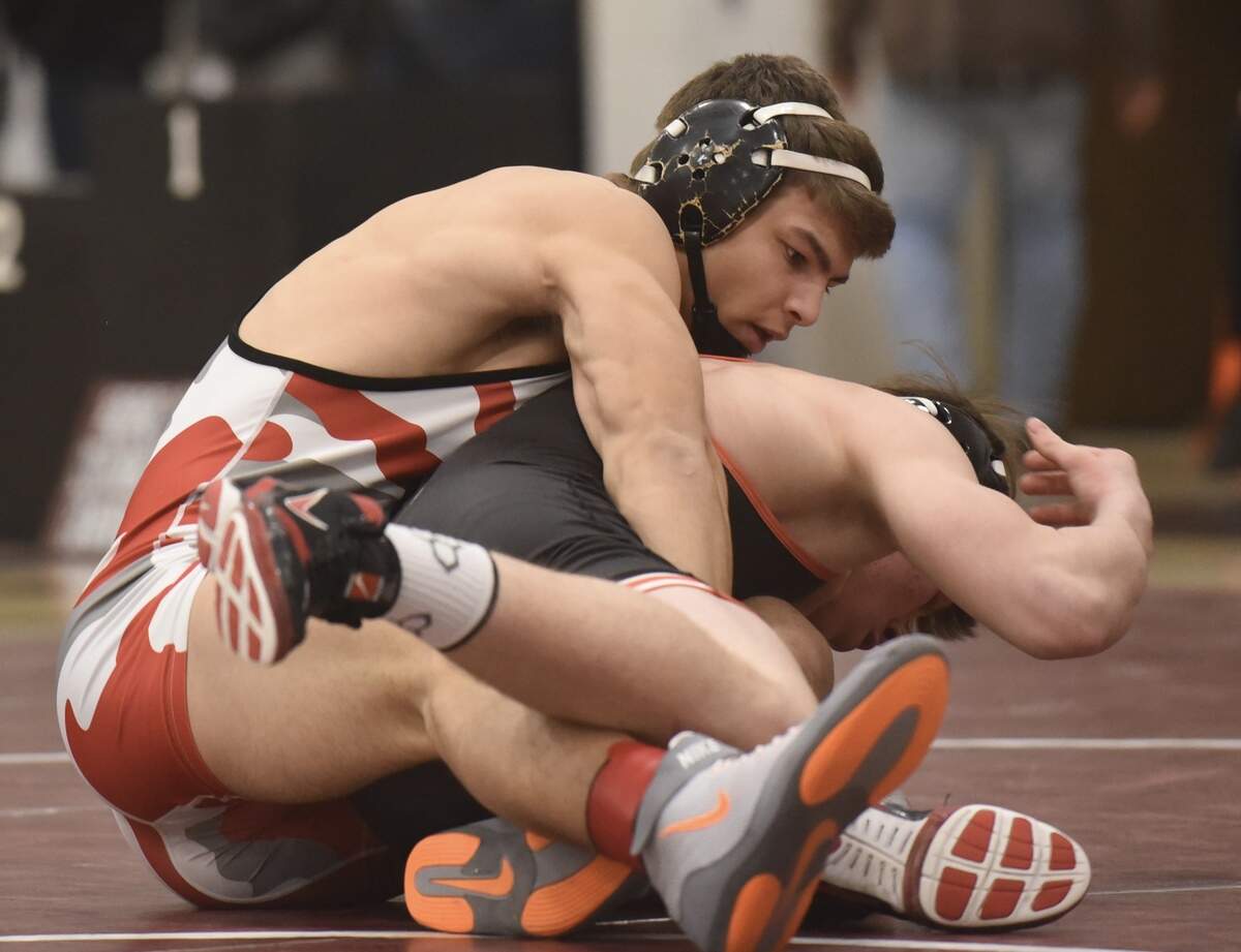 Bellefonte’s Ethan Rossman wrestles Griffin Buzzell of Meadville for the 182-pound championship at the PIAA Northwest Regional on Saturday at Altoona. Rossman defeated Buzzell 7-0.