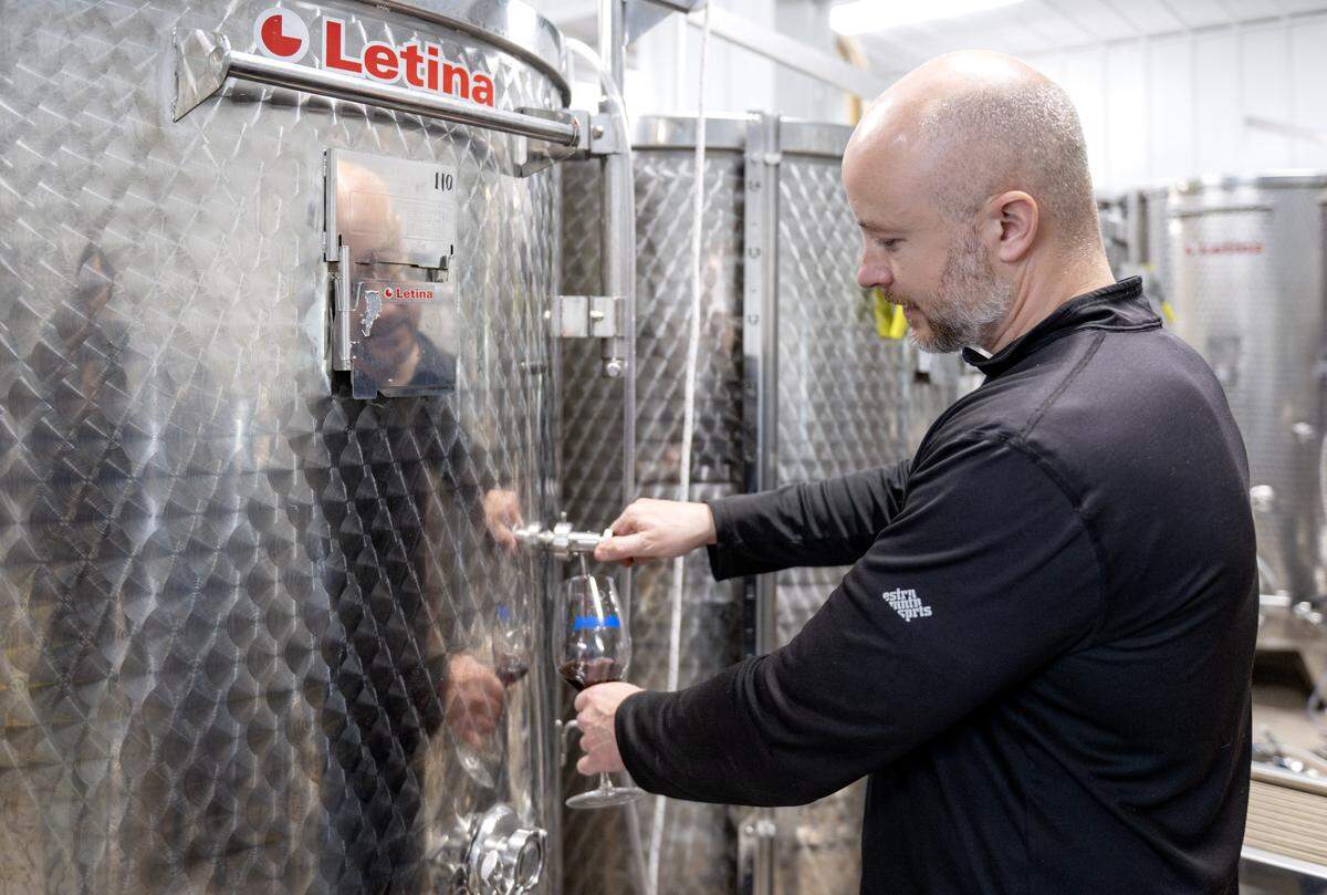Jeff Proch pours a test of wine at the University Wine Company on Wednesday, May 13, 2026. 