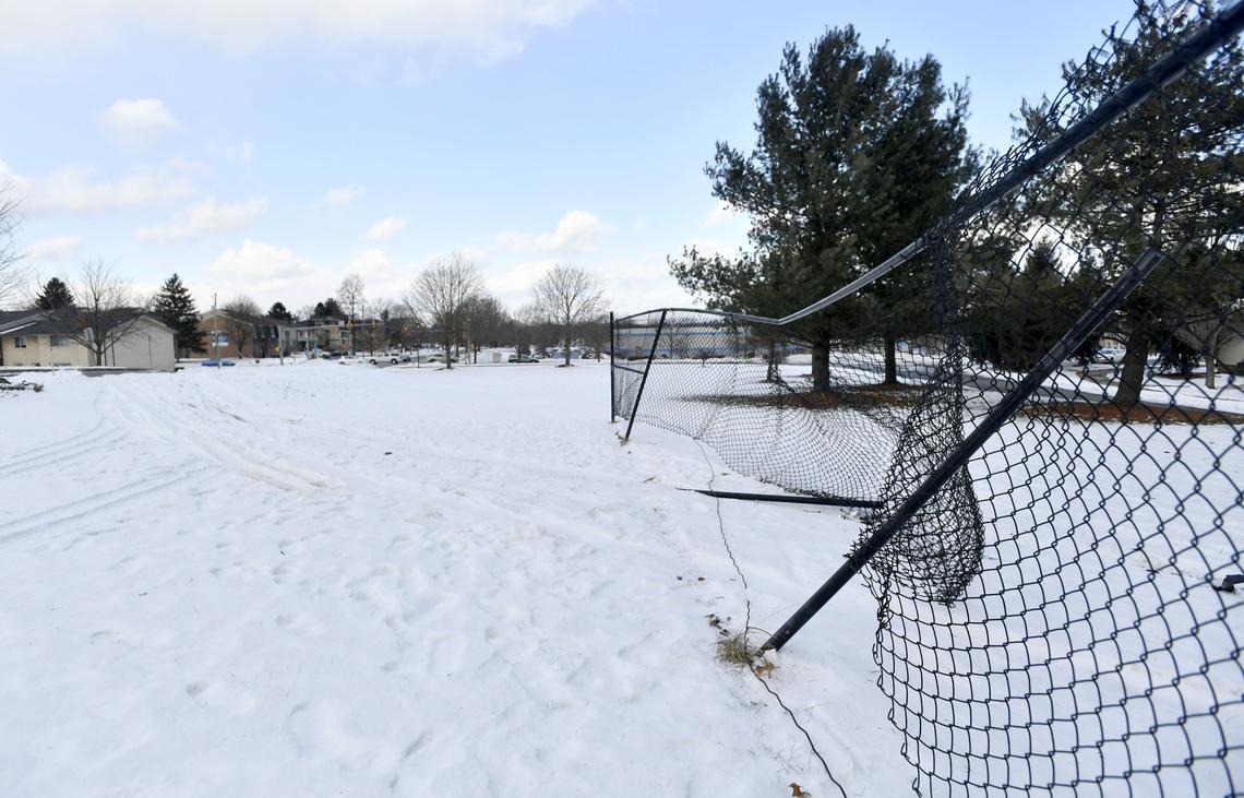 The bent up fence that a Mazda allegedly driven by Jordan Witmer crashed off of Tussey Lane that boarders the Juniper Village property on Friday, Jan. 25, 2019. W
