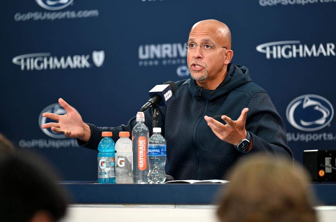 Penn State football coach James Franklin answers a questions during his weekly press conference on Monday, Sept. 29, 2025.  